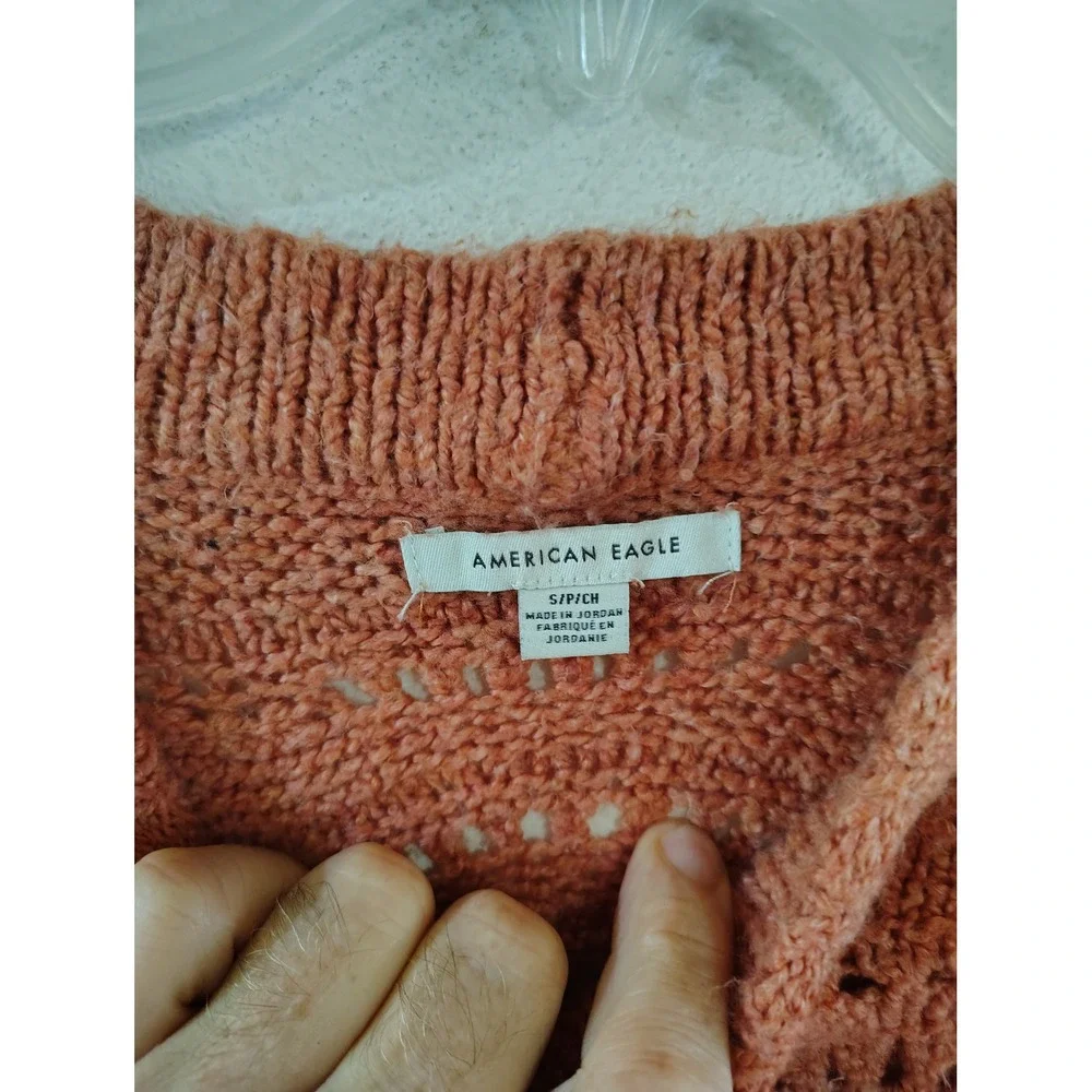 American Eagle Terracotta Coral Pointelle Knit Scalloped Crew Neck Sweater Small